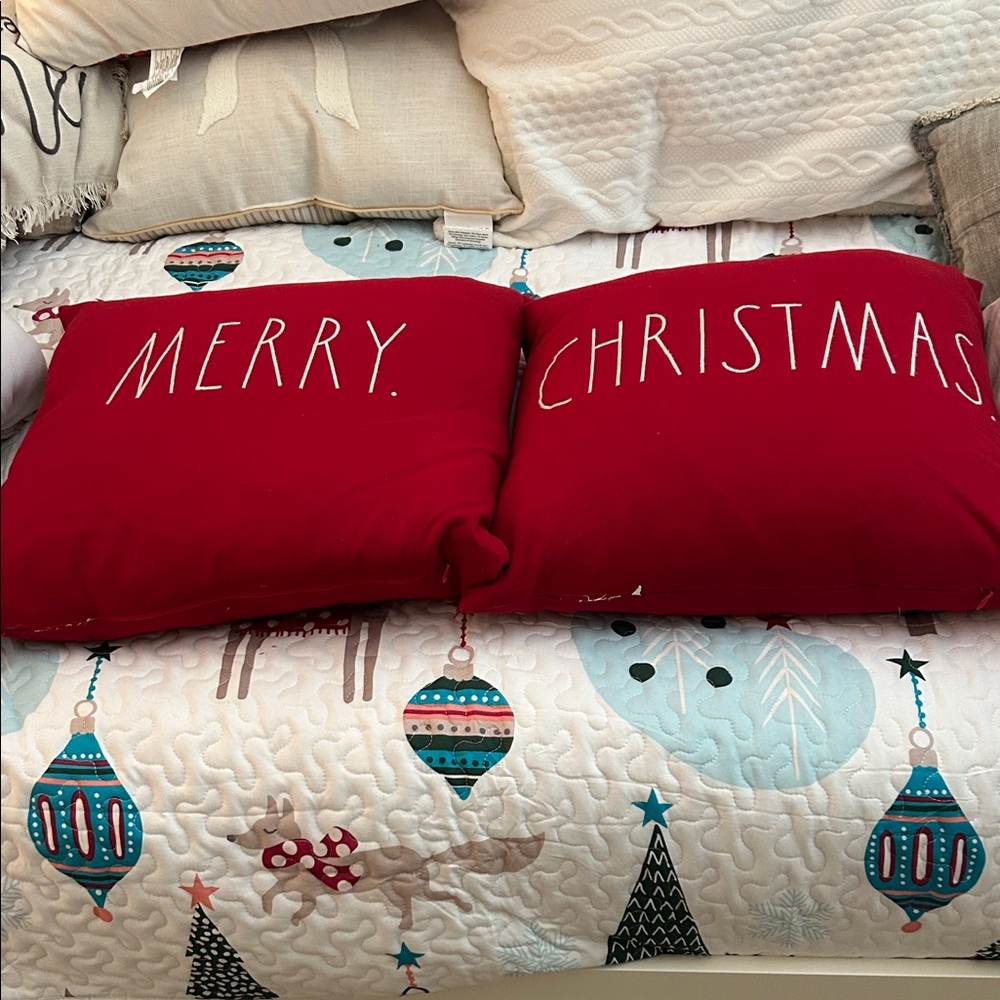 Rae Dunn Red Merry Christmas Pillow Set